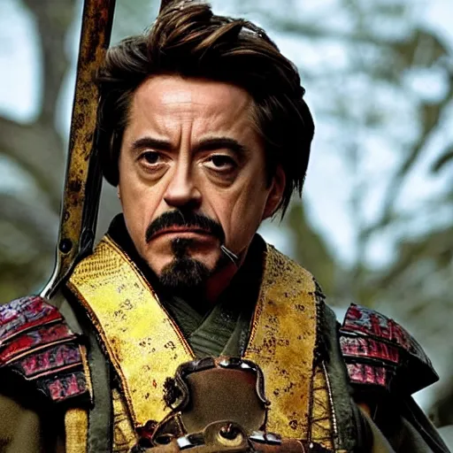 Image similar to Robert John Downey Jr as samurai , an film still