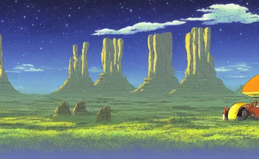 Image similar to a cell - shaded studio ghibli concept art from paprika ( 2 0 0 6 ) of a spaceship from close encounters of the third kind ( 1 9 7 7 ) sitting on top of a lush temple that looks like monument valley stonehenge jungle. a caravan is in the foreground. very dull colors, portal, hd, 4 k, hq