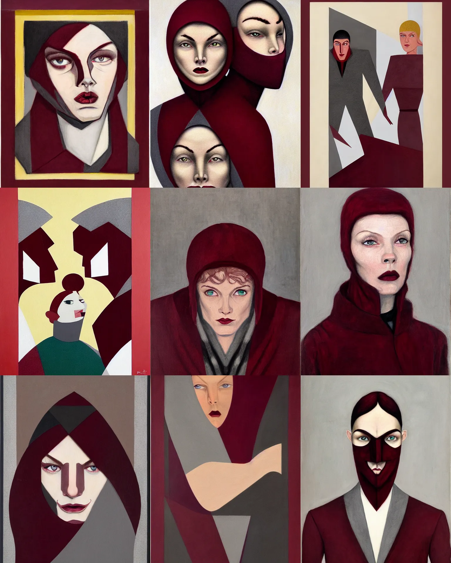 Prompt: a portrait of the thief by Reynold Brown and Malin Falch, bright-maroon and grey colour scheme, perfect faces, dark, brave