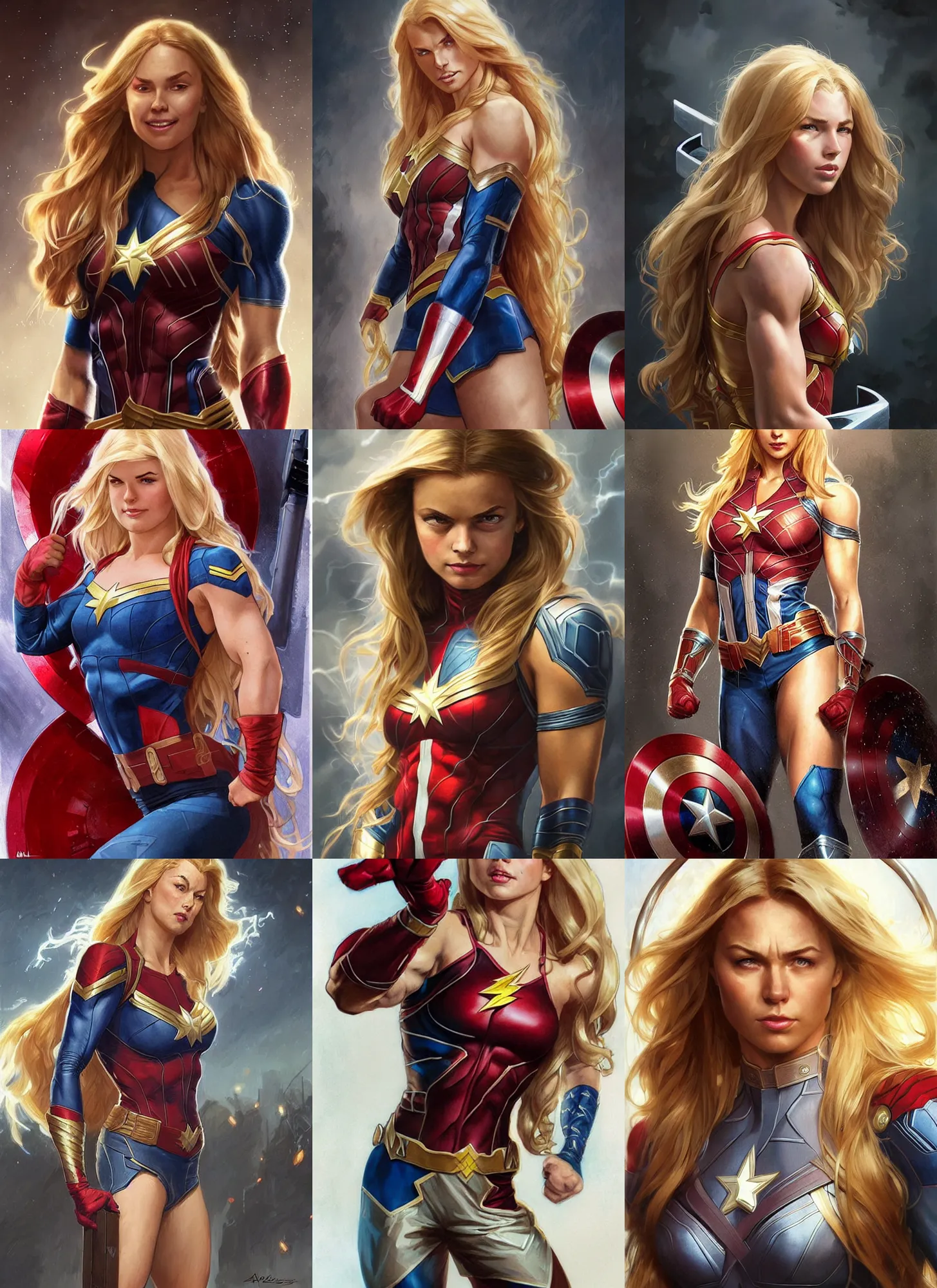 Prompt: a muscled young april with a mischievous face and extrmely long blonde wavy hair dressed as captain america, batman, the flash, captain marvel, wonder woman, a superhero. beautiful detailed face, artgerm, greg rutkowski, alphonse mucha