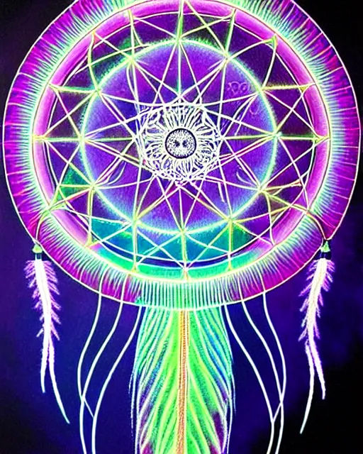 Image similar to detailed realistic dreamcatcher geometric glow painting a jellyfish emitting light in the cosmos by alex grey symmetry