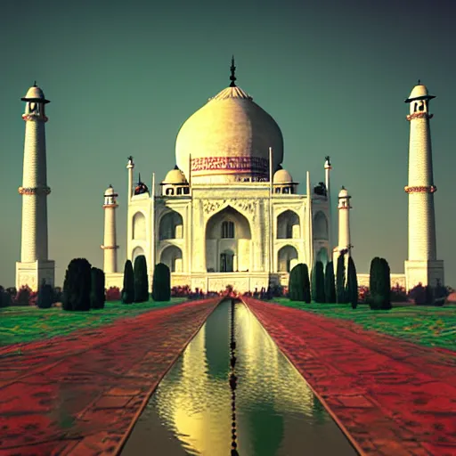 Prompt: taj mahal in cyberpunk futuristic times. 4 k, photorealistic.