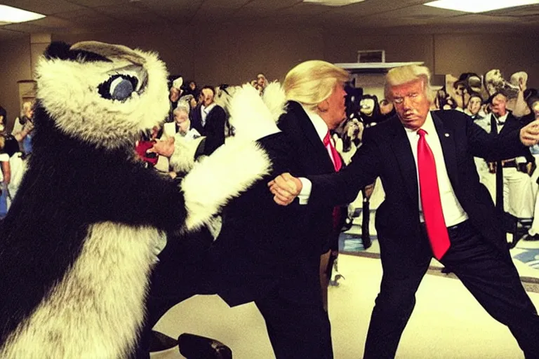 Image similar to “Barack Obama and Donald Trump fighting in fur suits at a furry convention, ultra realistic, highly detailed, award winning photo, ambient lighting”