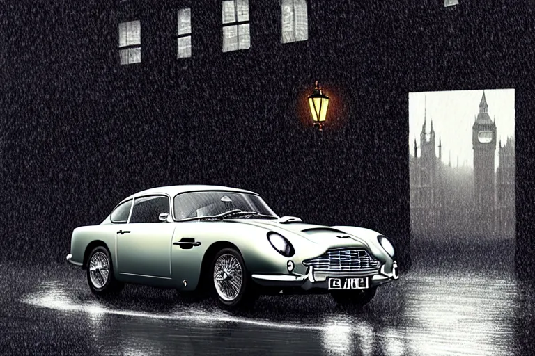 Image similar to a wholesome animation key shot of one focused aston martin db 5, dynamic, on a wet london street, raining, wide shot, studio ghibli, pixar and disney animation, sharp, very detailed, high resolution, rendered in unreal engine 5, anime key art by greg rutkowski, overcast lighting, dark