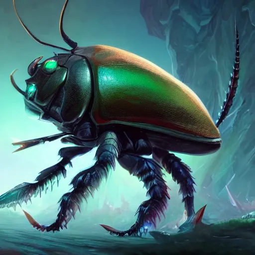 Image similar to a giant glowing horned beetle, horned beetle, horned beetle, green theme, bright art masterpiece artstation. 8 k, sharp high quality artwork in style of jose daniel cabrera pena and greg rutkowski, concept art by tooth wu, blizzard warcraft artwork, hearthstone card game artwork, horned beetle