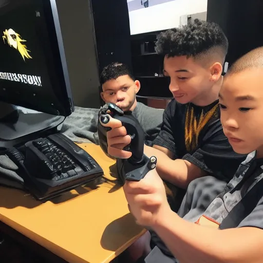 Image similar to a honey badger, creeper, and Shaolin monk playing video games together