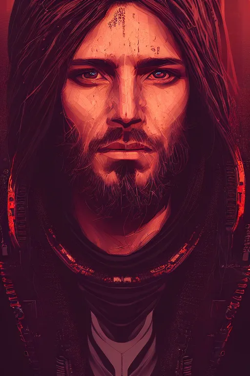 Image similar to a portrait of cyberpunk jesus, grim - lighting, high - contrast, intricate, elegant, highly detailed, digital painting, artstation, concept art, smooth, sharp focus, illustration