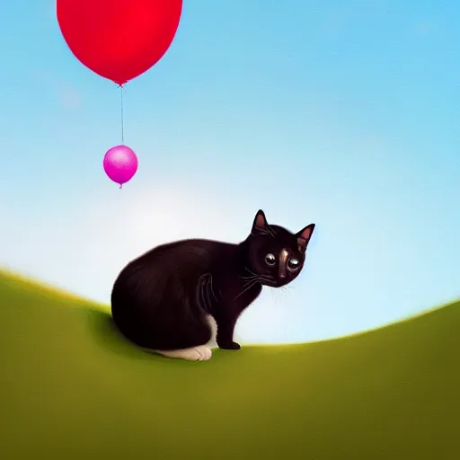 Image similar to a cat on top of a hill under a bunch of balloons, digital art by RHADS, shutterstock contest winner, digital art, behance hd, photoillustration, whimsical