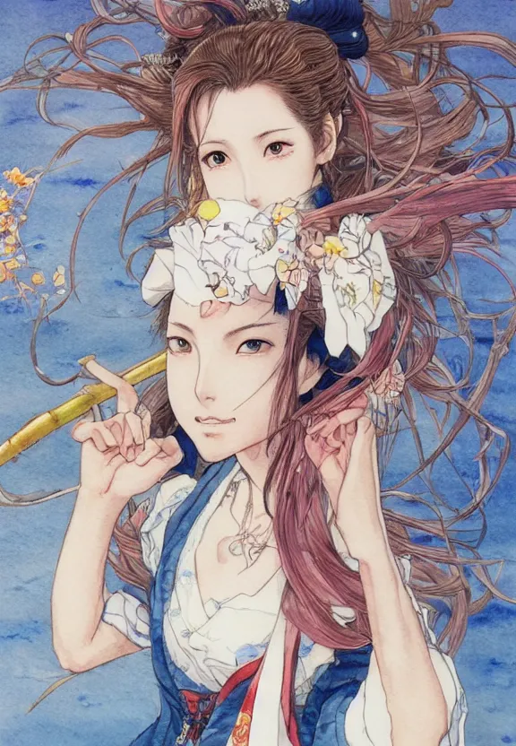 Prompt: a full-body watercolor painting of Aerith Gainsborough by Yoshitaka Amano, ukiyo-e, nouveau, concept art, 80's fantasy art, highly detailed, intricate, trending on artstation, award-winning