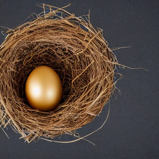 Prompt: a golden egg standing in a nest, studio shot, cinematic lighting, award winning, photography, 8 k