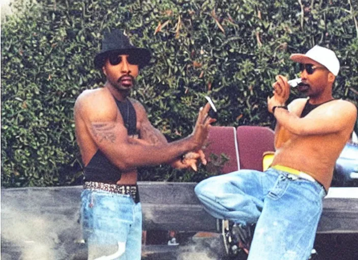 Image similar to “2Pac Happily smoking, Los Angeles background”