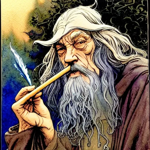 Prompt: a realistic and atmospheric watercolour fantasy character concept art portrait of gandalf smoking weed looking at the camera with an intelligent gaze by rebecca guay, michael kaluta, charles vess and jean moebius giraud