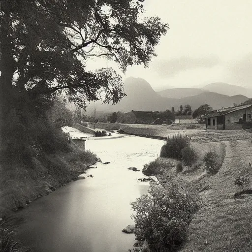 Image similar to The photograph is of a small village with a river running through it. In the distance, there are mountains. The sky is clear and the sun is shining. sapphire by Robert Stivers, by Phil Noto evocative