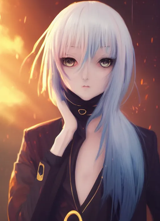 Image similar to rimuru playing chess, with golden eyes, straight sky blue hair, long bangs, black jacket, high collar, concept art, award winning photography, digital painting, cinematic, by wlop, anime key visual, wlop, 8 k, by ross tran, chengwei pan, paul kwon,