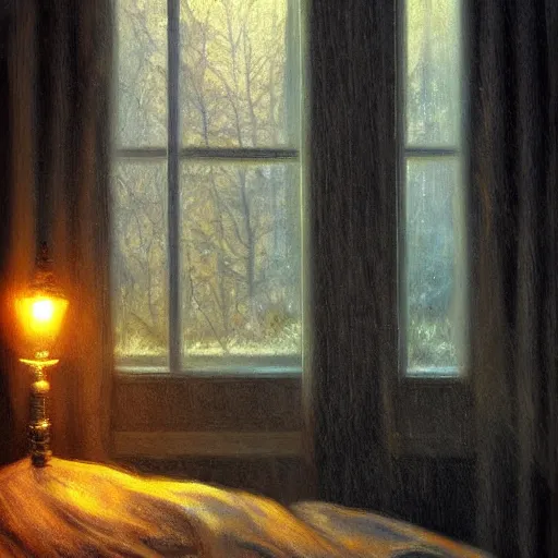 Image similar to on a rainy day, someone in home sits in bed, curled up under the covers, watching the rain outside the window, cinematic, artstation, extremely detailed, intricate, cinematic lighting, art by pierre - auguste renoir
