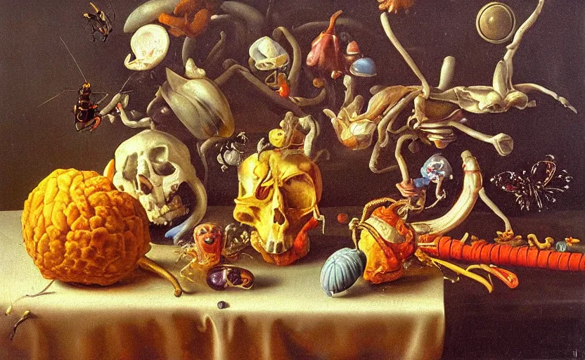 Image similar to disturbing colorful oil painting dutch golden age vanitas still life with bizarre objects strange gooey surfaces shiny metal bizarre insects rachel ruysch dali todd schorr very detailed perfect composition rule of thirds masterpiece canon 5 0 mm, cinematic lighting, photography, retro, film, kodachrome