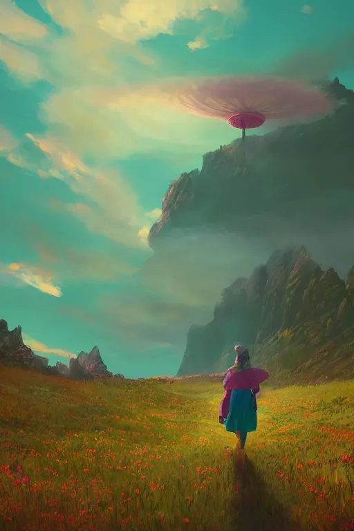 Image similar to giant daisy flower head, girl walking in the mountains, surreal photography, sunrise, dramatic light, impressionist painting, colorful clouds, digital painting, artstation, simon stalenhag