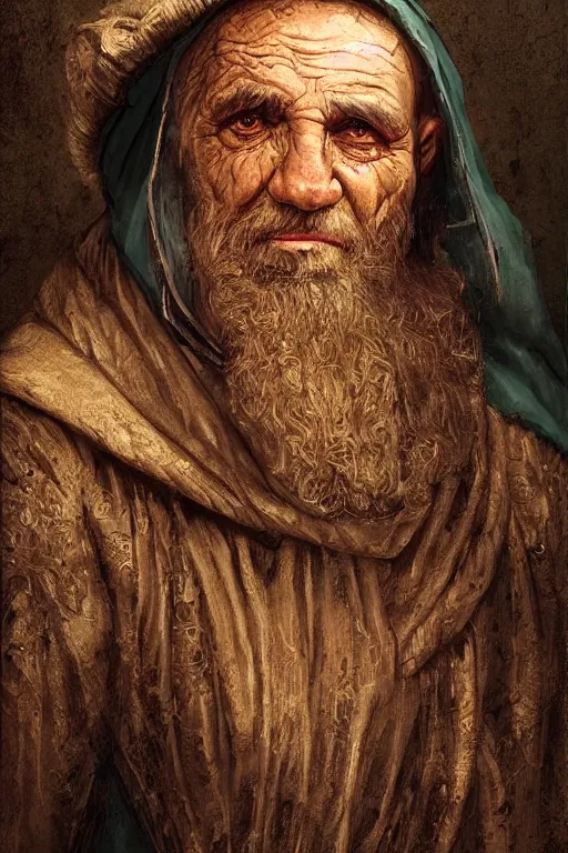 Image similar to portrait, headshot, digital painting, of a 15th century, beautiful, old aged, middle eastern, wrinkles, wicked, desert merchant man, dark hair, amber jewels, baroque, ornate dark green clothing, scifi, futuristic, realistic, hyperdetailed, concept art, chiaroscuro, side lighting, art by waterhouse