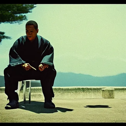 Image similar to cinematic film still of JAY Z starring as a Japanese Sensei with fire, Japanese CGI, VFX, 2003, 40mm lens, shallow depth of field, film photography