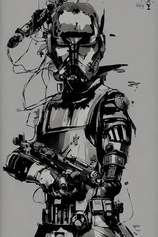 Image similar to star wars illustrated by yoji shinkawa, ink, digital painting, highly detailed, trending on artstation, sharp focus, illustration, concept art, norman rockwell