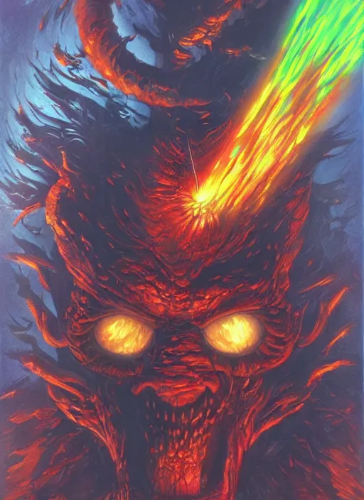 Prompt: monsters ,amazing, lasers, explosions, fire, digital art, fantasy, magic, trending on artstation, ultra detailed, professional illustration,chalk, poster artwork by Basil Gogos , clean