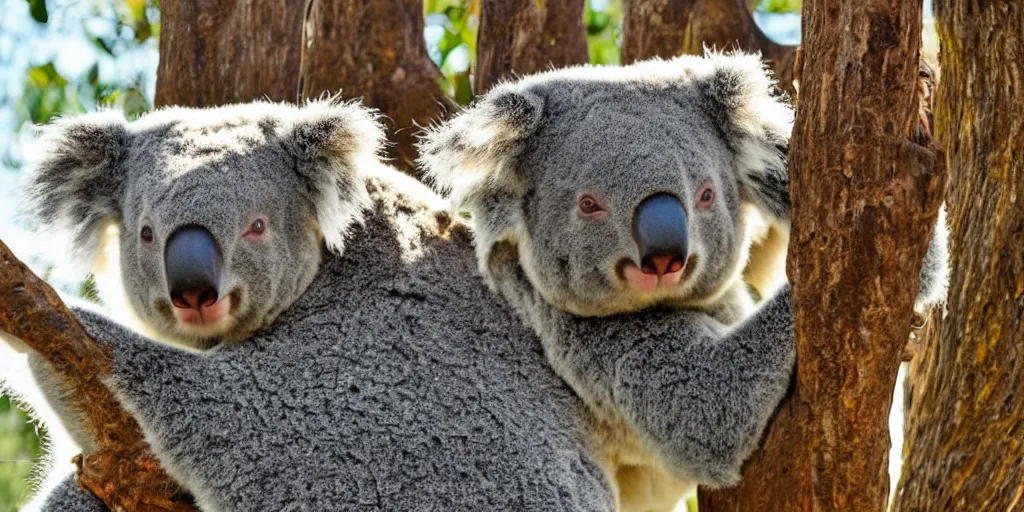 Prompt: A photo of a large koala with 3 heads, 4K, realistic, golden hour