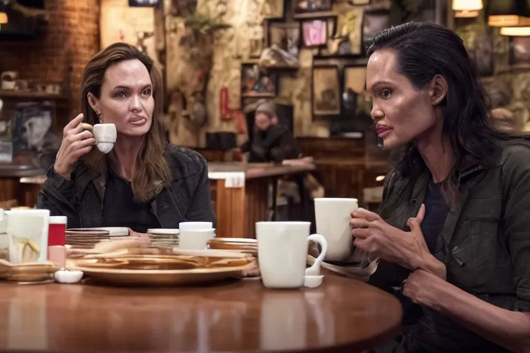 Prompt: The Predator (2018), Angelina Jolie, best friends, drinking coffee at central perk, still photo, hyperrealistic, 35mm, 8k, by weta digital