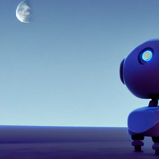 Prompt: blue godot robot ponders looking up at the moon, thinking, vray