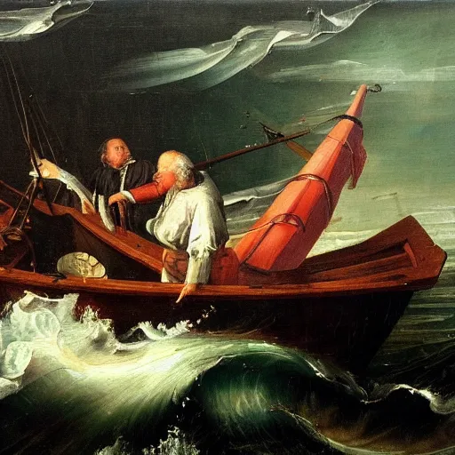 Image similar to a renaissance style oil painting of an old man, a marlin, and a boat in a turbulent sea. The old man is in the center of the image, with the marlin on the left and the boat on the right. He is leaning back, using all his strength to reel in the marlin. His face is sweaty and strained, and his arms are shaking. The marlin is huge, and its body is thrashing around in the water. The boat is small and insignificant compared to the marlin, and it is being pulled towards the fish. The overall effect is one of drama and suspense.