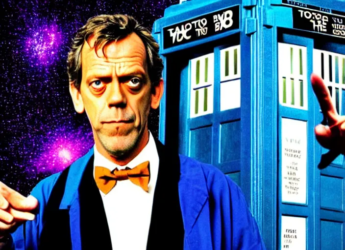 Image similar to product photo still of vhs cover of hugh laurie as doctor who in front of a nebula through the open door of the tardis on a vhs box