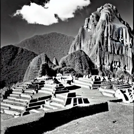 Image similar to ufo landing in machu picchu, photo 1 9 5 0,