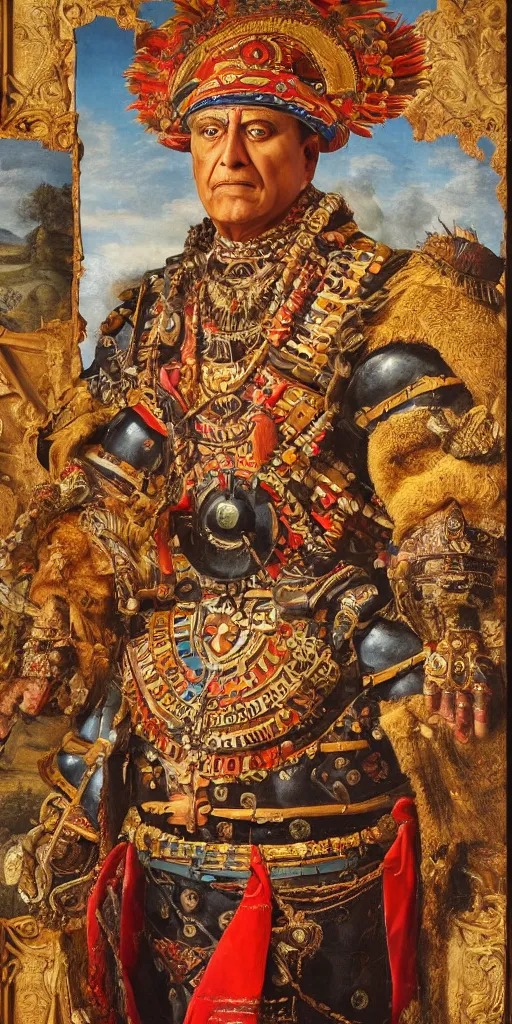 Image similar to Highly detailed and cinematic Renaissance period portrait oil painting of the Aztec emperor Montezuma!! an oil painting ((masterpiece)) by ((Josep Tapiró Baró)), dynamic lighting, 8K, Aztec!!