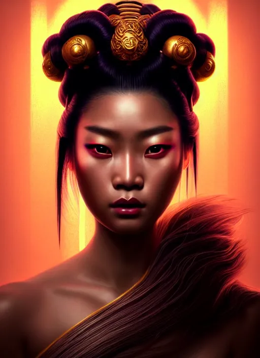 Prompt: portrait of samurai queen, fantasy, rule of thirds, intricate, neon highlights, octane render, detailed, beautiful, brown skin, unreal engine, symmetrical!!, loreal, maybelline, sephora, loreal, artstation, art by karol bak, art by artgerm, rossdraws, cinematic, concept art, filmic, vsco