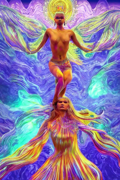 Prompt: overdetailed maximalist fullbody portrait of a beautiful female energy being transcending to her true form while floating over a surreal landscape. Made by oozium, inspired by silvio vieira, overpainted by loish. 8k 3d realistic render. Bright, sacred, spiritual, dawn, backlit, calm, relaxed, dynamic, ethereal, arcane, intricate, mysterious, dramatic, cinematic. Seen from below. Overpaint by phazed and erica robin. Artstation, deviantart, vagallery.com