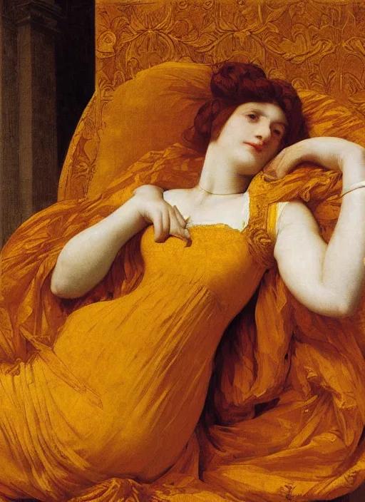 Image similar to masterpiece portrait of lady reclining on bed wearing yellow ochre ornate medieval dress, vertical, foreshortening, colour photography by frederic leighton, william morris, 8 k