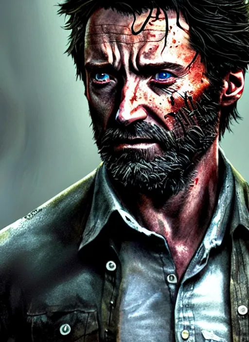 Image similar to hugh jackman as joel from the last of us, character concept art, hyperrealistic, detailed, accurate illustration, dramatic lighting