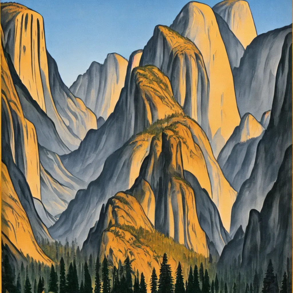 Prompt: an art deco painting of yosemite valley, art deco 1 9 3 0