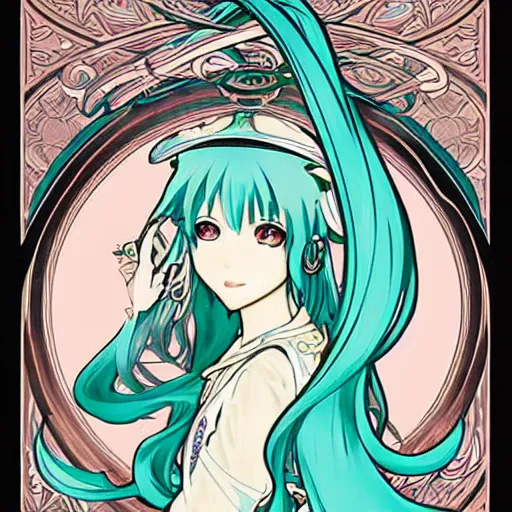 Image similar to hatsune miku, artwork by Alphonse Mucha, highly detailed, manga, anime