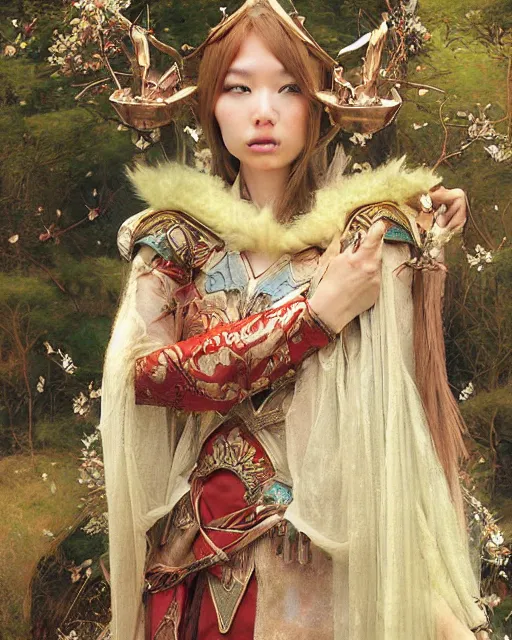 Image similar to onri akita as a beautiful elf queen, oil painting, by Edgar Maxence and Ross Tran and Michael Whelan