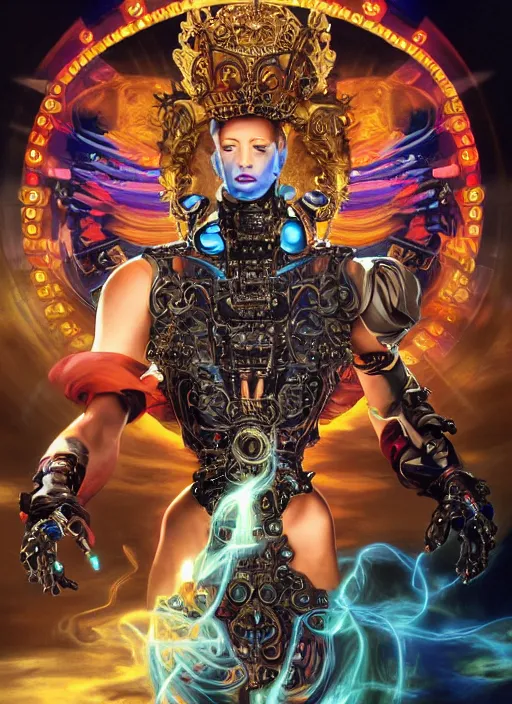 Image similar to full-body rococo and cyberpunk style sculpture of a young seductive Latino prince half android with a chest exposing circuitry, glowing pink seductive laser eyes, crown of blue sparks and diamonds, swirling orange-colored silk fabric, robotic raptors. baroque elements. full-length view. intricate artwork by caravaggio. art by Artgerm and Greg Rutkowski and Alphonse Mucha, Trending on artstation, cinematic industrial lighting, hyper realism, octane render, 8k, depth of field, 3D