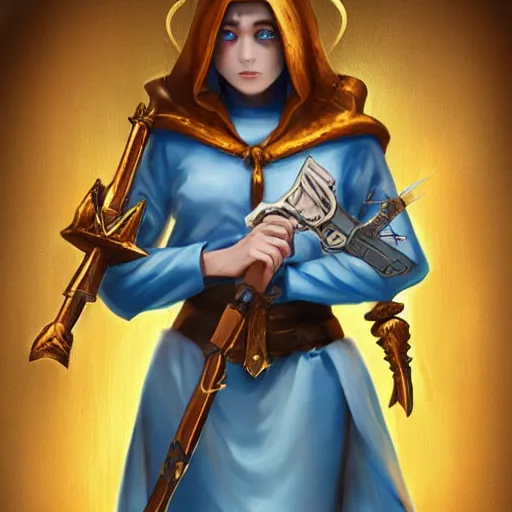 Image similar to female full body demon nun holding fantasy gun concept art, light blue cleric robe with golden embroidery, nun veil cover with horns on top, dark fantasy game character design concept, in shoo art, miukumauk art, loputyn, billelis, srasa