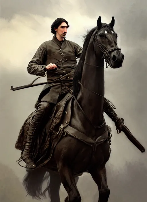 Image similar to painting of stoic king adam driver riding on horse together with his best friend john oliver, full body, military uniform, fantasy, intricate, elegant, beautiful, highly detailed, charcoal, centered, dark, smokey, digital painting, artstation, concept art, smooth, sharp focus, illustration, art by artgerm and greg rutkowski and alphonse mucha