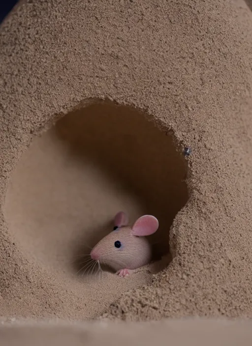 Image similar to wide dslr photo still of a mouse inside a perfect sandcastle, 8 k, 8 5 mm f 1. 4