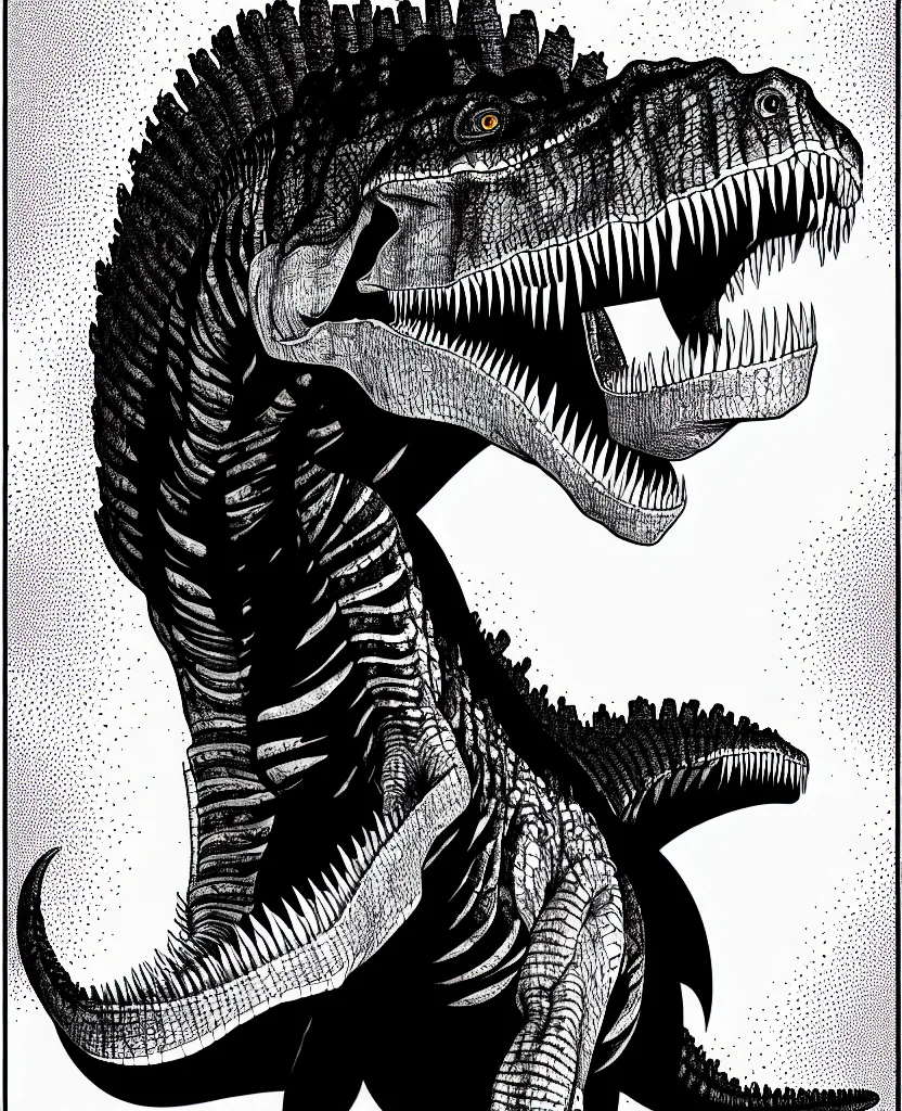 Image similar to tyrannosaurus rex walking around, symmetrical, accurate, simple clean black lines, black and white, white background and fill, coloring book, comic book, graphic art, line art, vector art, by martina matteucci, pavel shvedov, peter lundqvist, diane ramic, christina kritkou, artstation