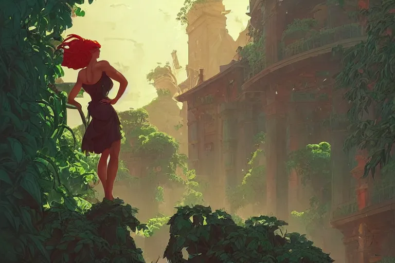 Prompt: a great roman city, lush vegetation, glorious, epic scene, sunlight, beautiful, in the style of artgerm, gerald brom, atey ghailan and mike mignola, vibrant colors and hard shadows and strong rim light, plain background, comic cover art, trending on artstation