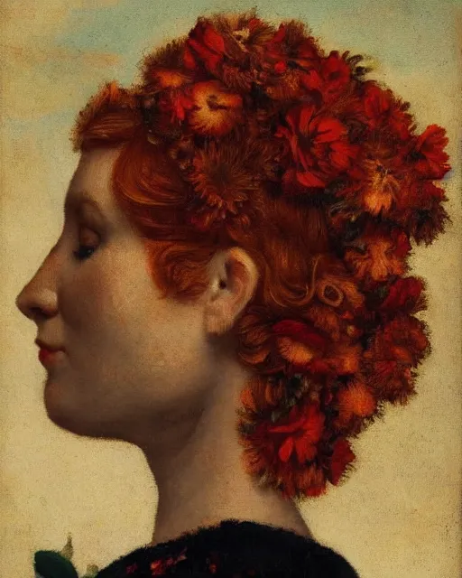 Image similar to a woman's face in profile, redhead, made of flowers, in the style of the Dutch masters, dark and moody