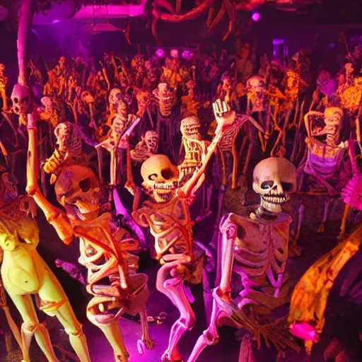 Image similar to photo, a giant crowd of realistic anatomically correct claymation skeletons dancing sensually with a giant crowd of beautiful multiethnic women wearing rococo gowns inside a colorful futuristic night club, colorful dramatic unique lighting