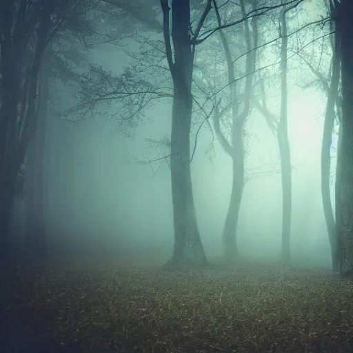 Image similar to found footage of a monster in the woods, atmospheric fog