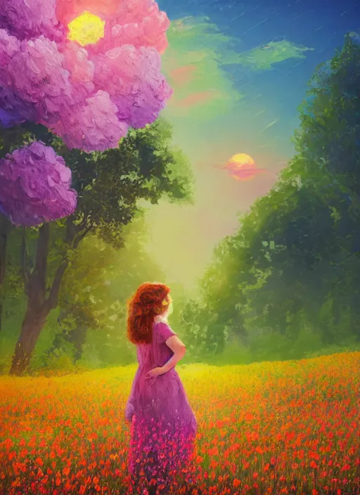 Image similar to girl with giant flower as a face and flower dress, standing in a flower field hills, big trees, sunrise dramatic light, impressionist painting, colorful clouds, digital painting, pointillism, artstation, simon stalenhag