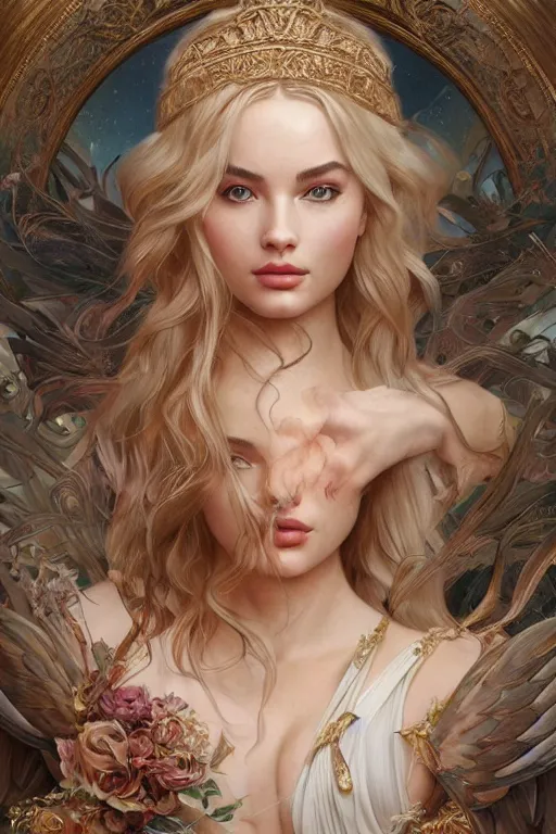 Image similar to ultra realistic illustration, a stunningly beautiful greek goddess of chaos played by dove cameron and margot robbie and taylor swift and megan fox, intricate, elegant, highly detailed, digital painting, artstation, concept art, smooth, sharp focus, illustration, art by artgerm and greg rutkowski and alphonse mucha